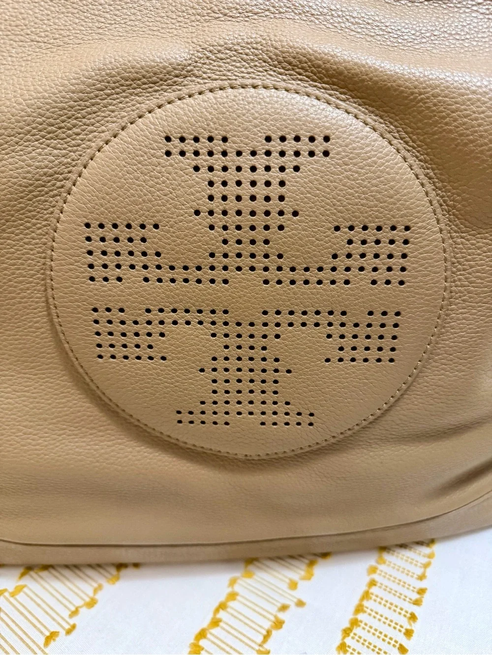 Beautiful Tory Burch Tan Perforated Logo Leather Tote
